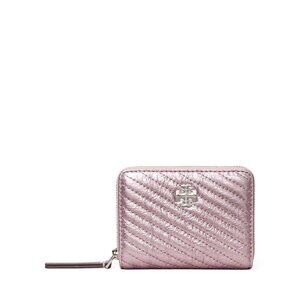 B-422. Tory Burch Small Kira Moto Quilt Metallic Zip Around Wallet Pink